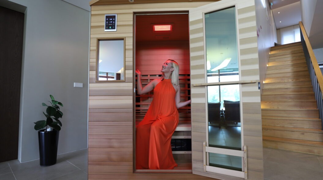 The Enrich 3 infrared sauna features a chromotherapy panel with near infrared lighting