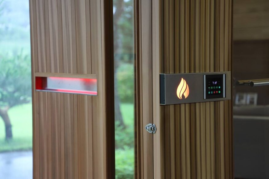 Side view of Inspire control panel exterior with flame logo